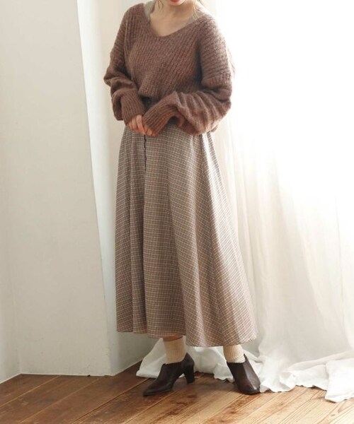 Crisp（クリスプ）の「ボタンチェックフレアスカート（スカート・レディース・ベージュ/ブラウン・FREE）」の4枚目の写真