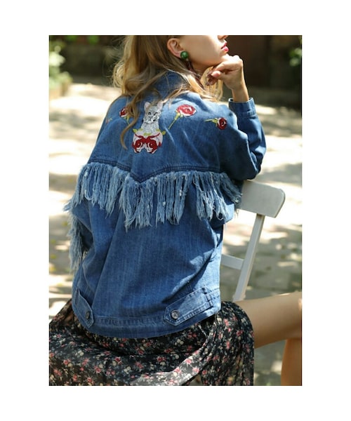 No Brand ノーブランド の かわいいバックスタイル猫 お花刺繍フリンジデニムジャケット デニムジャケット Wear
