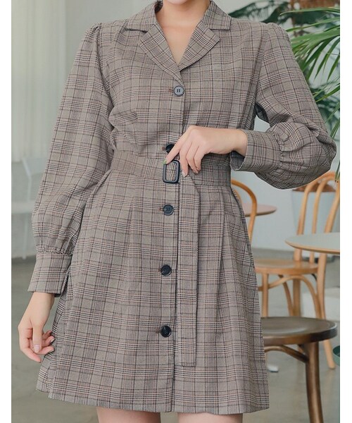HOTPING（ホッピン）の「ベルトSETカラーボタンチェックワンピース（ワンピース・レディース・Grey/Brown・XS-S/M-L/XL-2XL）」の2枚目の写真