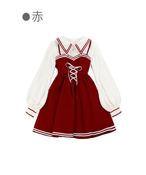 Bobon21（ボボンニジュウイチ）の「レースアップフェイクセーラーワンピース-全２色-（ワンピース・レディース・ブルー/レッド・S/M/L）」の2枚目の写真