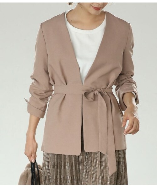 VIS（ビス）の「【EASY CARE】Vネックベルテッドジャケット（ジャケット/アウター・レディース・ブラック/ベージュ・F）」の2枚目の写真