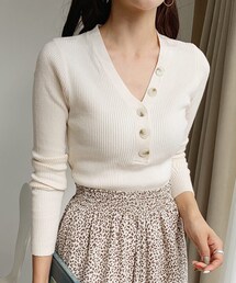 DHOLIC | Vネックボタンリブニット(ニット/セーター)