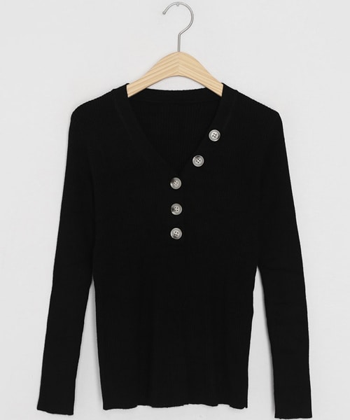 DHOLIC(ディーホリック)の「Vネックボタンリブニット(ニット/セーター・レディース・ベージュ/ホワイト/ブラック/ブルー・FREE)」の3枚目の写真