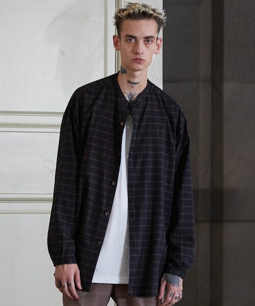LIDNM（リドム）の「BAND COLLAR CHECK SHIRT/BLK（シャツ/ブラウス・メンズ・ブラック系・MEDIUM/LARGE）」の2枚目の写真