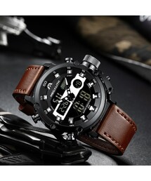 MEGALITH 大人気モデル 多機能 防水 レザーバンド 腕時計 メンズ クロノグラフ 日付表示 発光 クォーツ デュアルスクリーン 海外高級ブランド 有名
