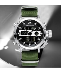 MEGALITH 大人気 多機能 防水 メンズ腕時計 丈夫 ナイロンベルト クロノグラフ 日付表示 発光 クォーツ デュアルスクリーン 海外高級ブランド