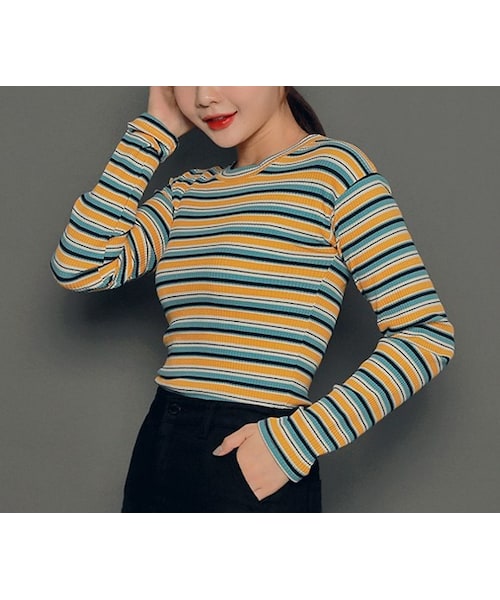 HOTPING（ホッピン）の「マルチボーダーリブロングTシャツ（Tシャツ/カットソー・レディース・블루/옐로우・XS-S/M-L/L-XL）」の2枚目の写真