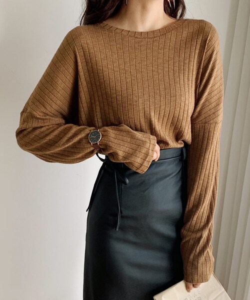 DHOLIC（ディーホリック）の「ドロップショルダーリブTシャツ（Tシャツ/カットソー・レディース・ホワイト/ブラウン/ベージュ/ブラック・FREE）」の3枚目の写真