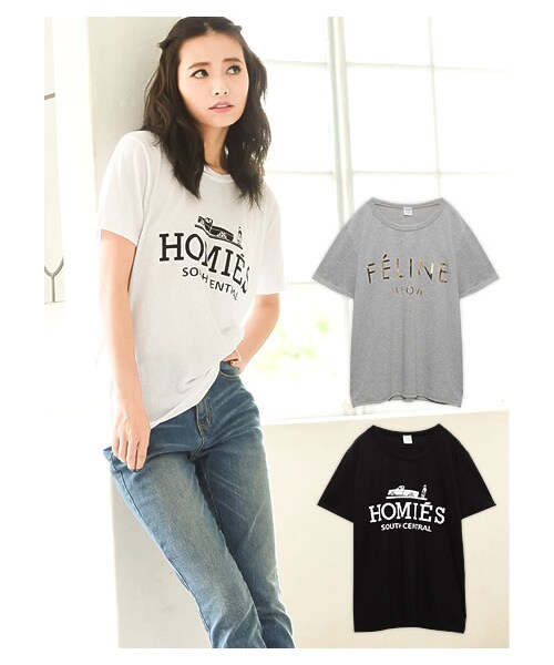 Re:EDIT(リエディ)の「24h限定【P10倍】パロディーロゴプリントカットソー箔プリントTシャツ半そで(トップス・レディース・ブラック/ホワイト/グレー・HOMIES/FELINE)」の2枚目の写真