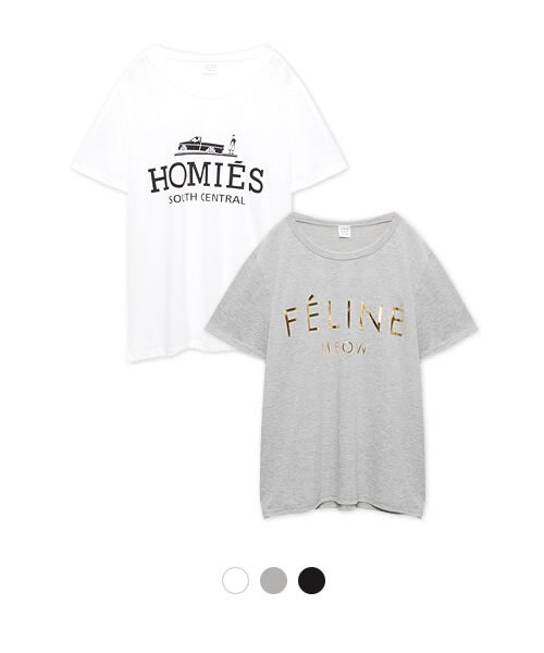 Re:EDIT(リエディ)の「24h限定【P10倍】パロディーロゴプリントカットソー箔プリントTシャツ半そで(トップス・レディース・ブラック/ホワイト/グレー・HOMIES/FELINE)」の1枚目の写真