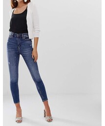 Stradivarius super high waist skinny jean in mid blue