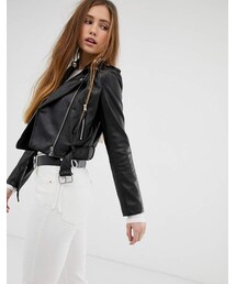 Bershka cropped faux leather biker jacket in black