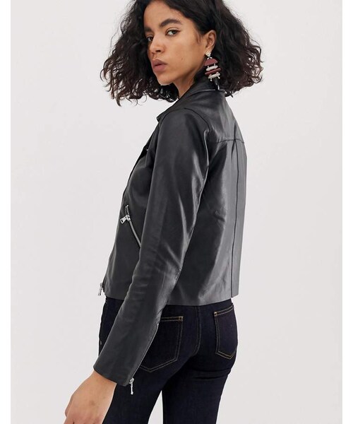 エイソス (ASOS DESIGN) レディース レザージャケット アウター Asos Design Longline Oversized Faux Leather Biker Jacket In Black (ブラック) エイソス ASOS asos ASOS DESIGN チョコレート色のレザー風トールカー