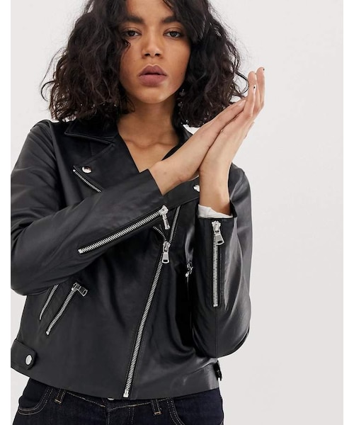 エイソス (ASOS DESIGN) レディース レザージャケット アウター Asos Design Longline Oversized Faux Leather Biker Jacket In Black (ブラック) エイソス ASOS asos ASOS DESIGN チョコレート色のレザー風トールカー