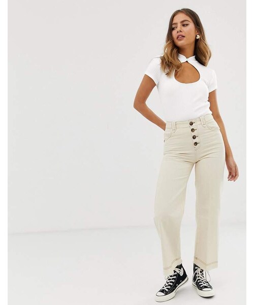 Bershka（ベルシュカ）の「Bershka button top denim culottes in off white（デニムパンツ・レディース・White・Us 0/Us 2/Us 4/Us 6/Us 8）」の4枚目の写真