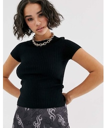 Bershka | Bershka ribbed knitted shortsleeve top in black(トップス)