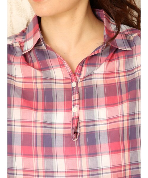 MYSELF ABAHOUSE（マイセルフアバハウス）の「ベンベルグローンチェックフレンチスリーブシャツ（トップス・レディース・レッド/ブルー・F）」の8枚目の写真