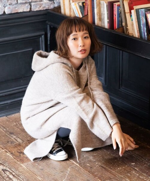 Crisp（クリスプ）の「ミックスニットフーディーワンピース（ワンピース・レディース・ブラウン/アイボリー・FREE）」の4枚目の写真