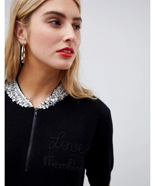 Love Moschino,Love Moschino Zip Up Knit Dress with rhinestone collar WEAR