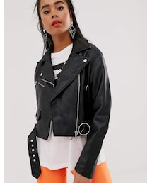 Bershka | Bershka faux leather zip detail jacket in black(ライダースジャケット)