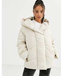 Bershka longline puffer coat with hood in cream