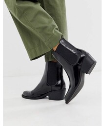 MONKI | Monki faux leather heeled boots with pointed toe in black(ブーツ)