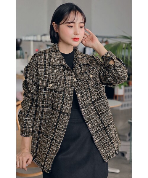 HOTPING（ホッピン）の「パールボタンツイードシャツジャケット（その他アウター・レディース・Black/Brown・XS-S/M-L/XL-2XL）」の2枚目の写真