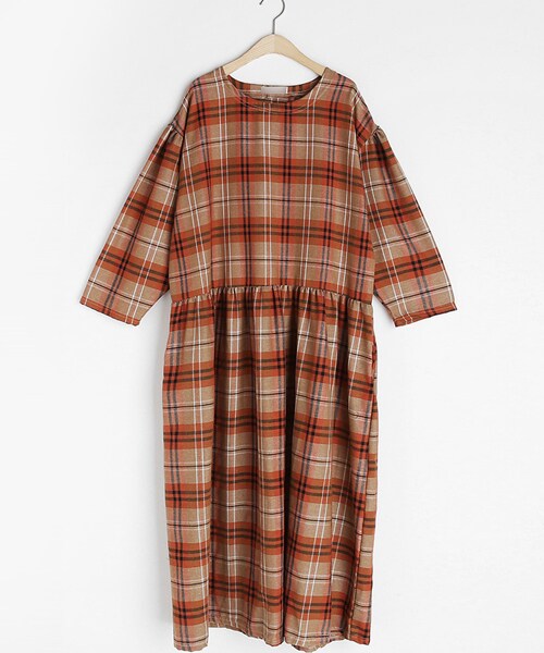 DHOLIC(ディーホリック)の「ルーズチェックワンピース(ワンピース・レディース・ベージュ/オレンジ・FREE)」の2枚目の写真