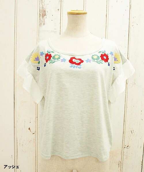 Hamble by Par Avion（ハンブルバイパラビオン）の「刺しゅうフリルTee（その他・レディース・アッシュ/サックス/オフホワイト・ワンサイズ）」の3枚目の写真