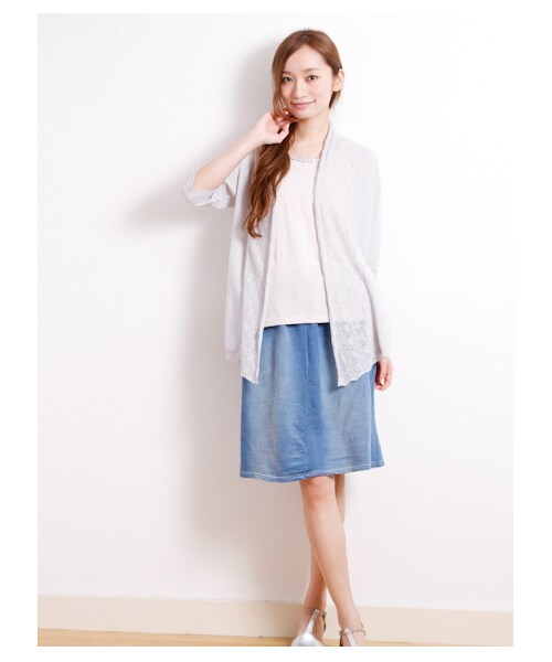 Green Parks fuuwa（グリーンパークスフーワ）の「・フロントスカシニュアンス7分袖カーディガン（カーディガン・レディース・オフホワイト/杢グレー/ネイビー・F）」の4枚目の写真