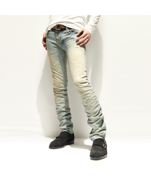 QL MansionMaker(キューエル マンションメーカー)の「EXCLUSIVE DAMAGED SLIM STRAIGHT DENIM(デニムパンツ・メンズ・インディゴ・44/46)」の4枚目の写真