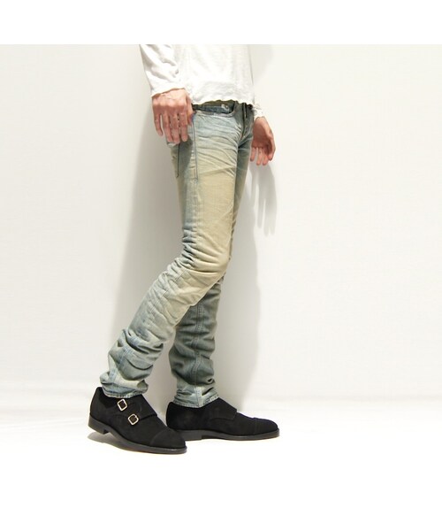 QL MansionMaker(キューエル マンションメーカー)の「EXCLUSIVE DAMAGED SLIM STRAIGHT DENIM(デニムパンツ・メンズ・インディゴ・44/46)」の5枚目の写真
