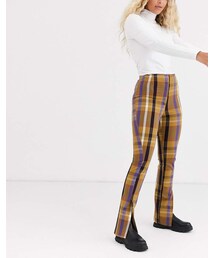 Monki check tailored flared pants in mustard