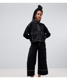 Monki wide leg cargo pants with pockets in black with contrast stitching