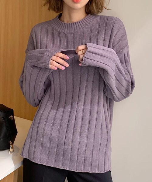 DHOLIC(ディーホリック)の「スリットヘムリブニット(ニット/セーター・レディース・パープル/ホワイト/レッド・FREE)」の1枚目の写真