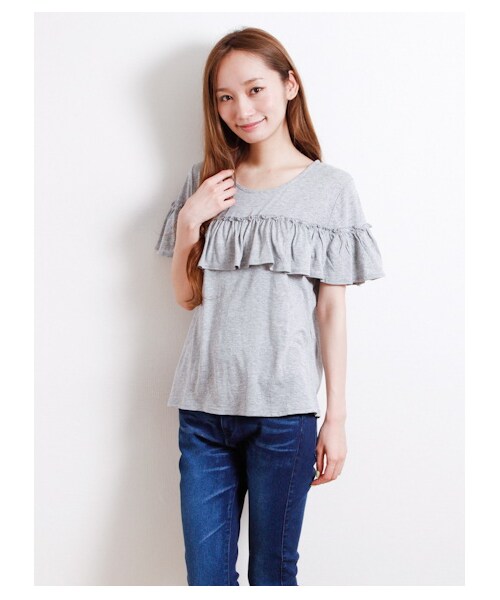E hyphen world gallery（イーハイフンワールドギャラリー）の「1段フリルミックスプルオーバー（カットソー・レディース・オフホワイト/杢ライトグレー/イエロー/ネイビー・F）」の2枚目の写真