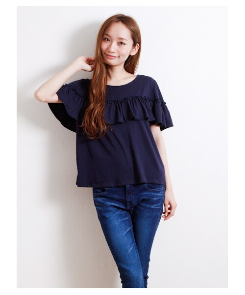 E hyphen world gallery（イーハイフンワールドギャラリー）の「1段フリルミックスプルオーバー（カットソー・レディース・オフホワイト/杢ライトグレー/イエロー/ネイビー・F）」の3枚目の写真