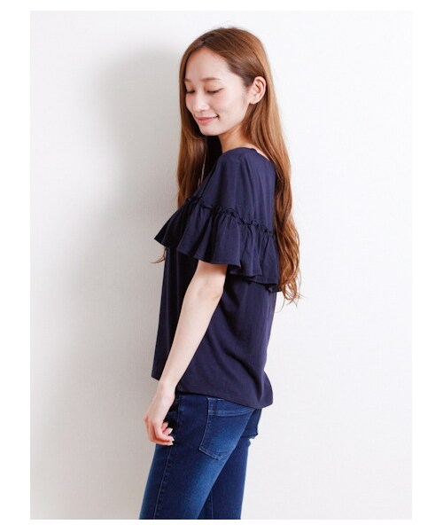 E hyphen world gallery（イーハイフンワールドギャラリー）の「1段フリルミックスプルオーバー（カットソー・レディース・オフホワイト/杢ライトグレー/イエロー/ネイビー・F）」の6枚目の写真