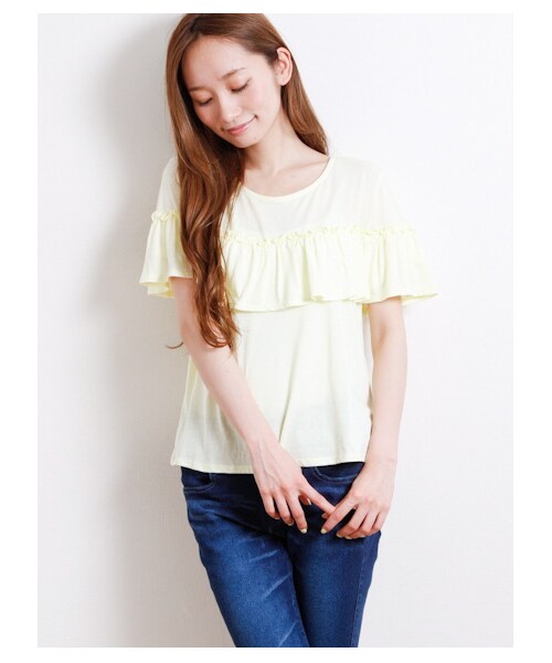 E hyphen world gallery（イーハイフンワールドギャラリー）の「1段フリルミックスプルオーバー（カットソー・レディース・オフホワイト/杢ライトグレー/イエロー/ネイビー・F）」の4枚目の写真