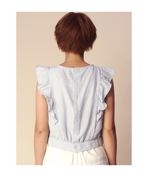 w closet（ダブルクローゼット）の「細ストライプ袖フリル付きプルオーバー（トップス・レディース・Lベージュ/ブルー/ブラック・FREE）」の6枚目の写真