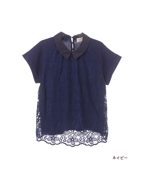 w closet（ダブルクローゼット）の「衿付きチュール刺繍レースラグラン半袖プルオーバー（トップス・レディース・オフホワイト/ネイビー/サックス×オフホワイト・FREE）」の3枚目の写真