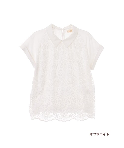 w closet（ダブルクローゼット）の「衿付きチュール刺繍レースラグラン半袖プルオーバー（トップス・レディース・オフホワイト/ネイビー/サックス×オフホワイト・FREE）」の2枚目の写真