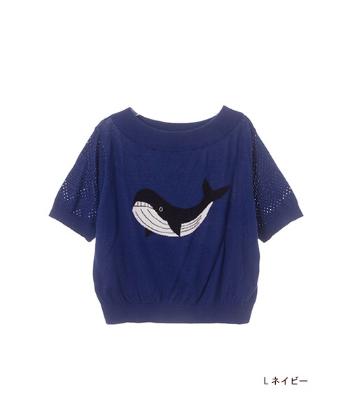 w closet（ダブルクローゼット）の「クジラ柄オフショルダー半袖ニットプルオーバー（トップス・レディース・オフホワイト/Lネイビー・FREE）」の3枚目の写真