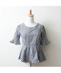 no brand | ギンガムチェック ペプラム 春色 トップス ブラック(シャツ/ブラウス)