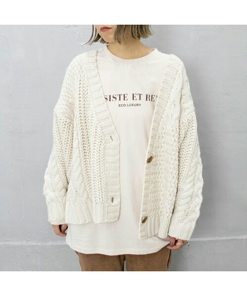 Sheson(シーズン)の「Sheson(シーズン)パッチワークケーブルニットカーディガン(カーディガン/ボレロ・レディース・ホワイト/パープル/ベージュ/ブラウン・FREE)」の1枚目の写真