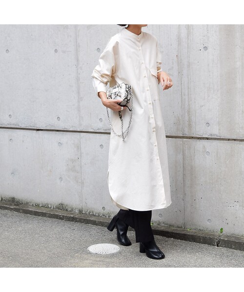 no brand(ノーブランド)の「T/CスタンドカラーオーバーロングシャツOP(ワンピース・レディース・その他)」の3枚目の写真