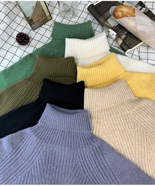 HOTPING（ホッピン）の「アンバランスタートルネックリブニット（ニット/セーター・レディース・Other/White/Green/Yellow/Black/Beige/Blue・フリーサイズ）」の3枚目の写真