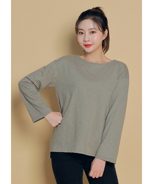 HOTPING（ホッピン）の「アンバランスヘムスラブロングTシャツ（Tシャツ/カットソー・レディース・Blue/Black/Green・XS-S/M-L/XL-2XL）」の3枚目の写真