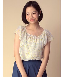 w closet | チェック×小花柄フレア袖プルオーバー(トップス)