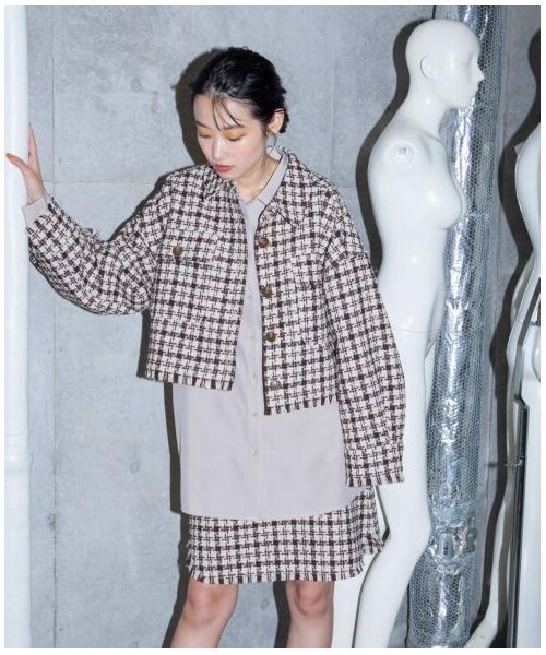w closet（ダブルクローゼット）の「【Alley】千鳥ショートジャケット羽織り（ジャケット/アウター・レディース・ベージュ/ブラウン・FREE）」の4枚目の写真